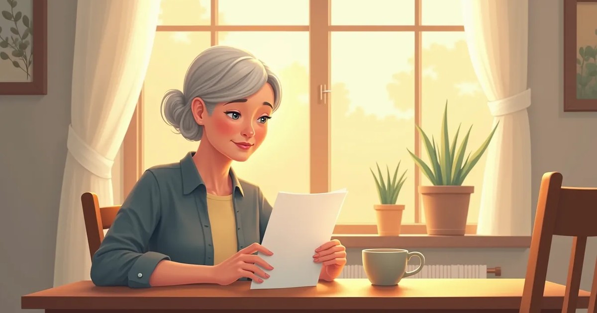 A calm middle-aged adult reading a folded letter at a sunlit wooden kitchen table with a cup of tea nearby.