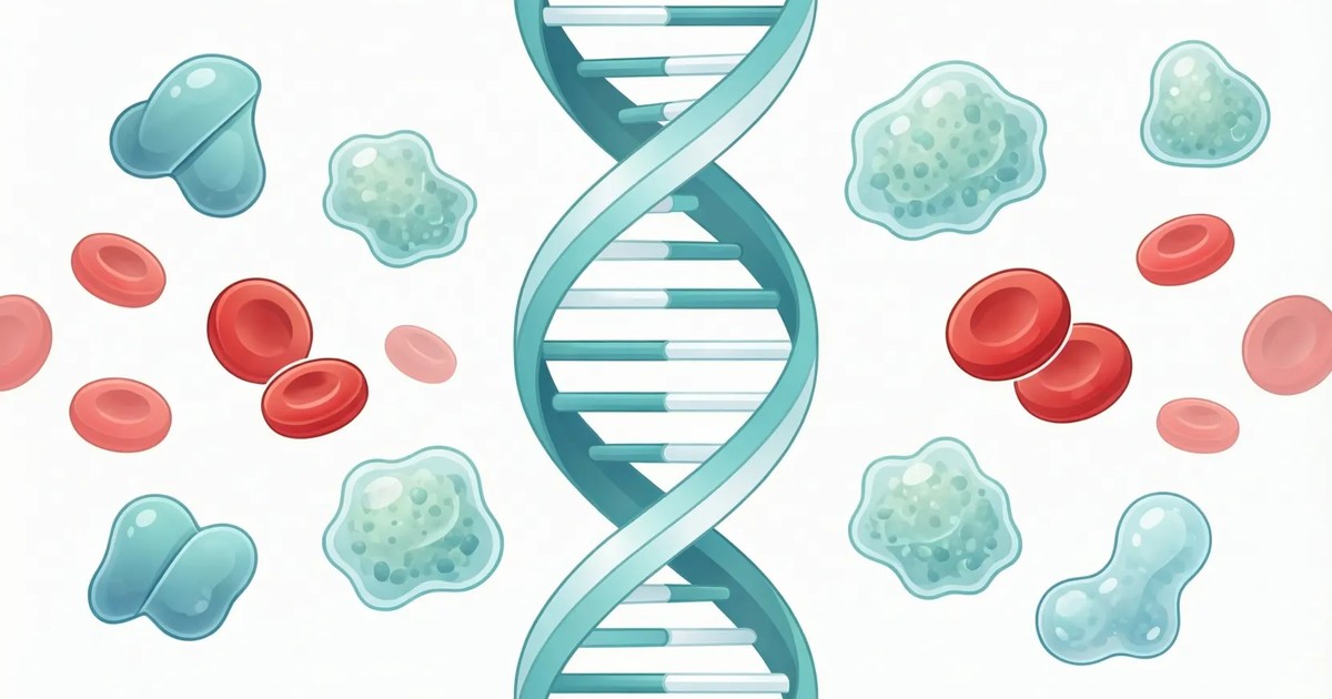 A clinical editorial illustration of a teal DNA double helix flanked by red blood cells and enzyme-storage cells on a white background, in a calm medical palette.