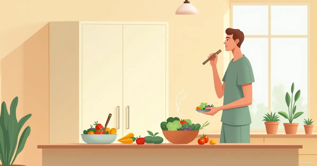 A calm editorial illustration of a single adult preparing fresh vegetables and a salad on a wooden kitchen counter in soft afternoon light, symbolizing everyday dietary well-being.