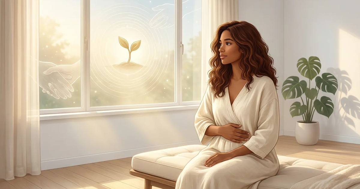 A calm editorial illustration of a single expectant adult sitting by a sunlit window, resting a hand on their midsection and looking thoughtfully outside in soft morning light.