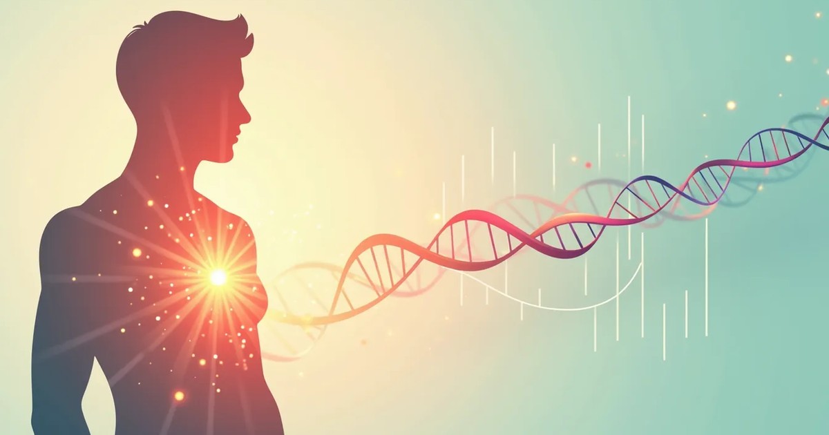 Illustration of a stylized human silhouette with a softly glowing heart linked by soft lines to a colorful DNA double helix on a light background