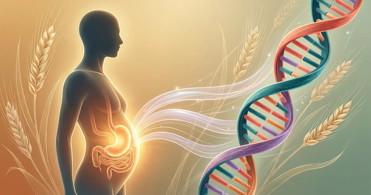 Illustration of a stylized human silhouette with a softly glowing abdomen linked by soft lines to a colorful DNA double helix, with abstract wheat motifs on a light background