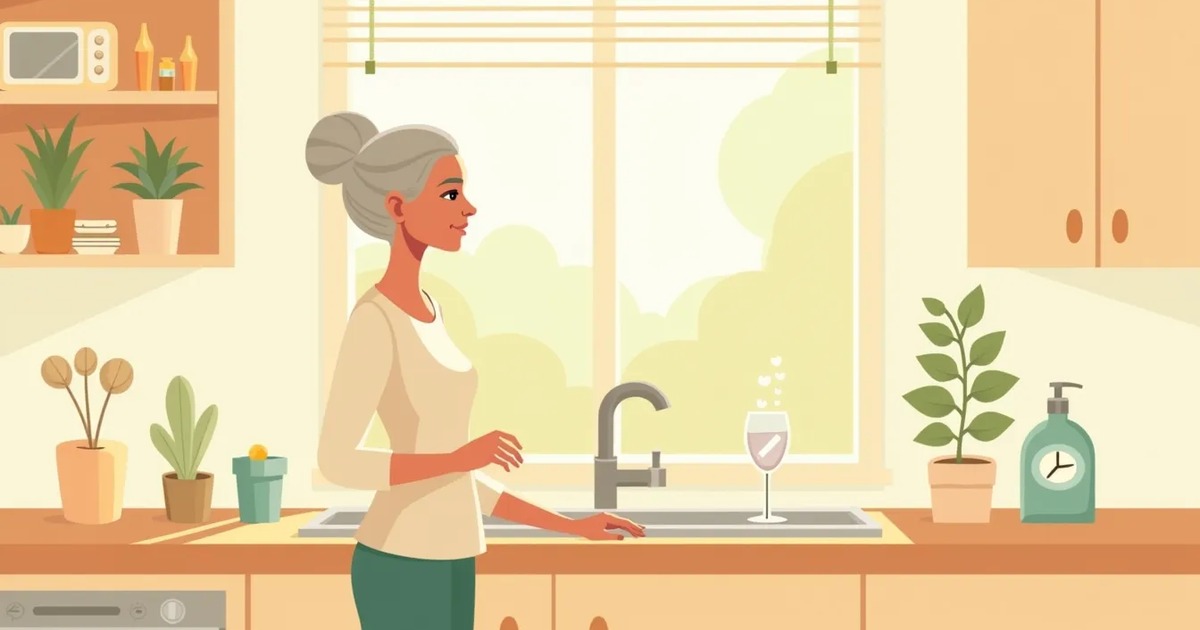 A single calm adult in a warm sunlit kitchen mindfully checking a daily medication organizer beside a glass of water.