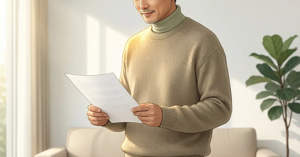 Flat editorial illustration of a calm man in his early 50s standing by a sunlit window holding a printed document, thoughtful and composed.