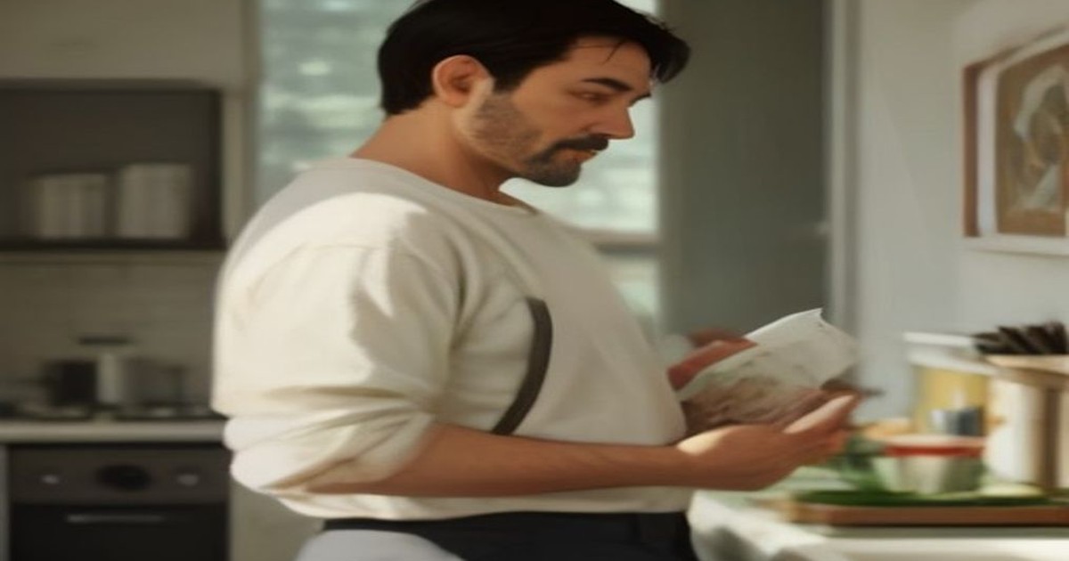 A calm adult man in a sunlit kitchen reading a food nutrition label, with wholesome vegetables on the counter and leafy plants behind him.