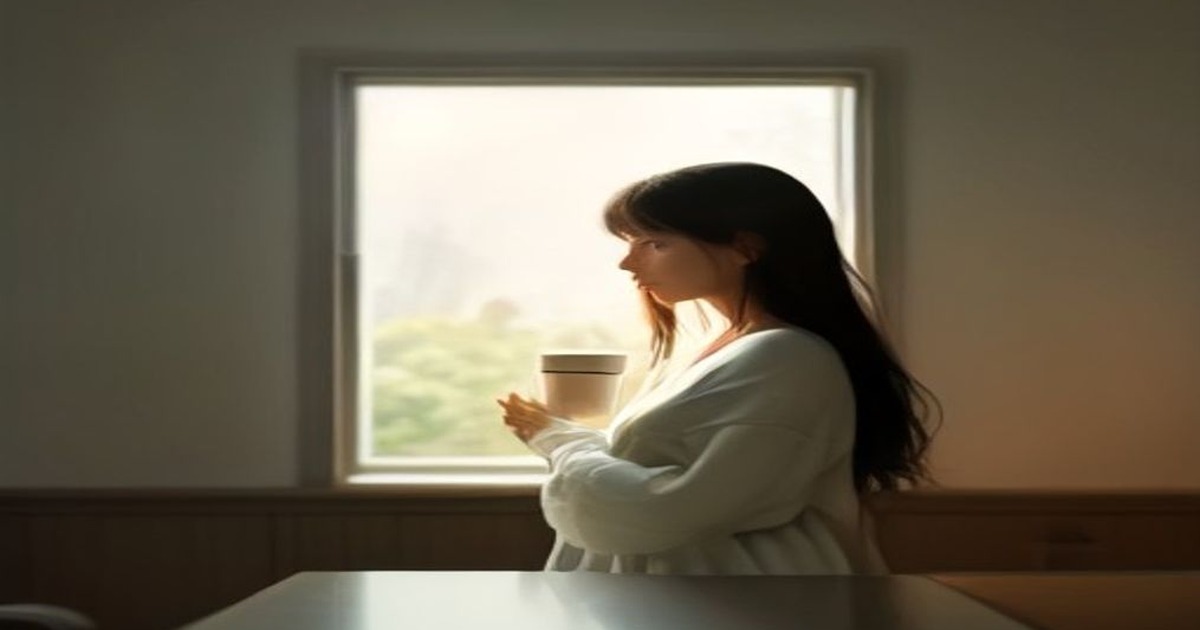 A calm adult stands by a large sunlit window holding a coffee mug, looking outward thoughtfully, with soft abstract DNA and family motifs in the warm background.