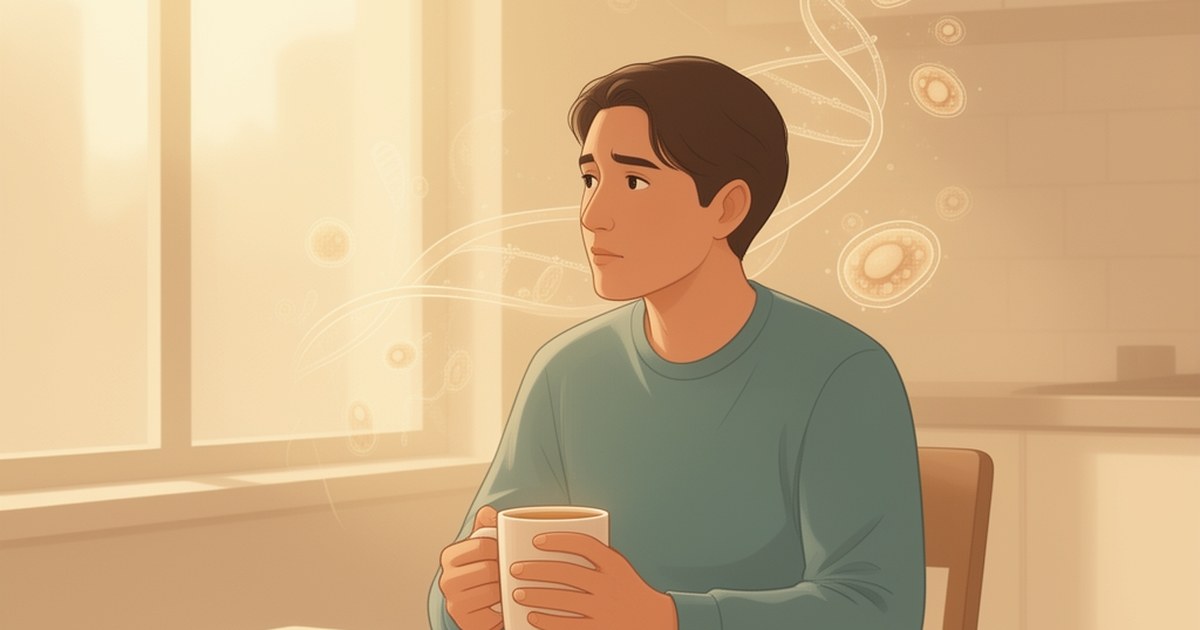 An adult sits alone by a sunlit window, holding a warm mug, with soft abstract double-helix motifs in the background.