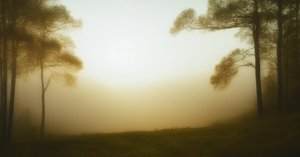 Sunrise over a misty northern forest valley, warm amber light spreading across the treetops.
