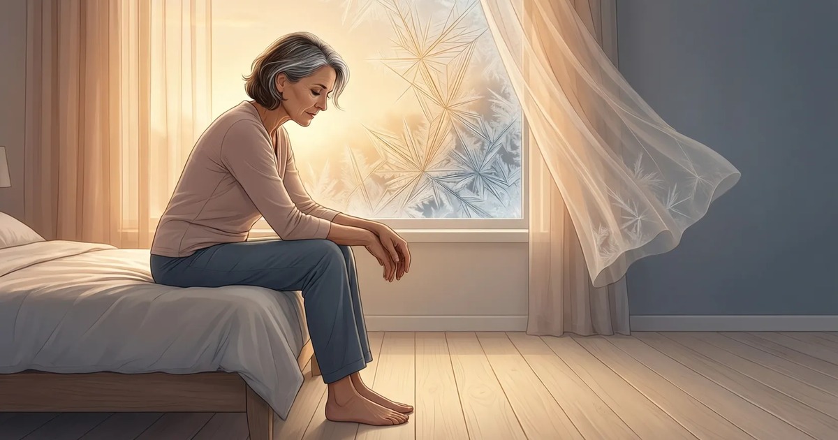 One adult sits alone on the edge of a bed at dawn, faint crystal shapes drifting on the wall behind.