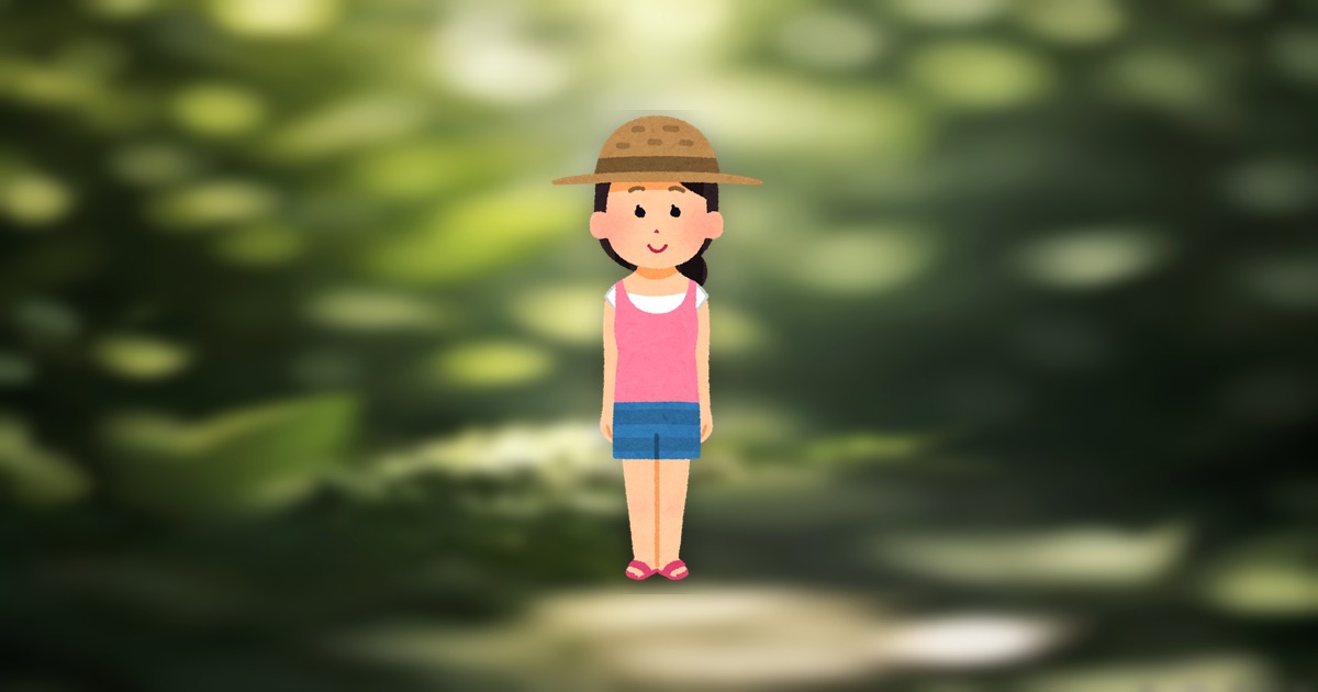 A calm adult in a wide-brimmed hat checks their own arm in dappled outdoor shade