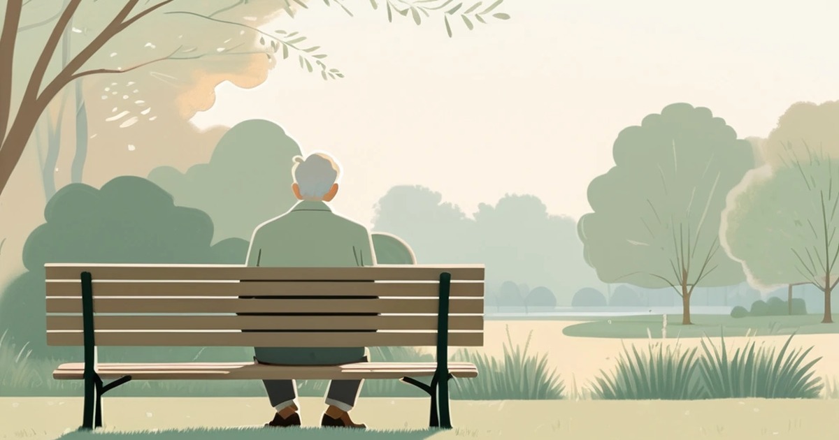 A calm middle-aged adult breathing easily while sitting on a park bench in soft morning light