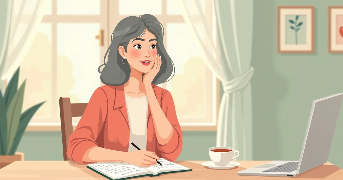 A calm woman sits at a sunlit kitchen table, looking at a laptop with tea nearby.