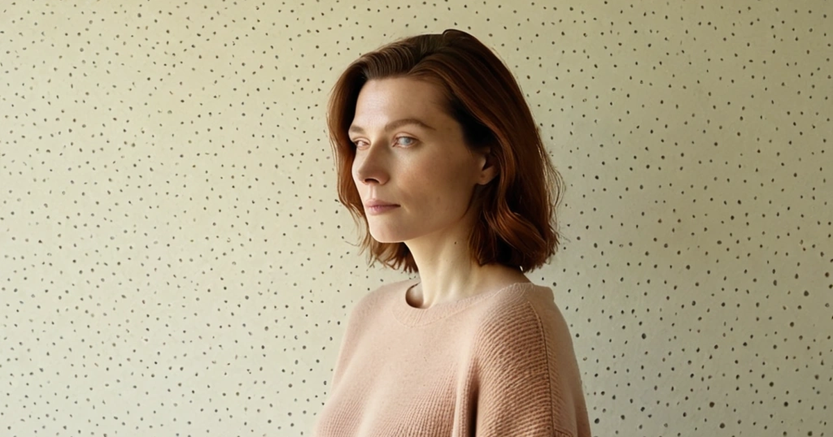 A single calm woman in her forties, seen in three-quarter profile in a soft dusty-rose knit sweater, looking quietly into the distance against a cream wall covered in many small scattered dots.