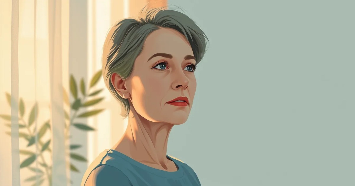 Soft painted portrait of a calm woman in her forties gazing out a sunlit morning window in amber and teal