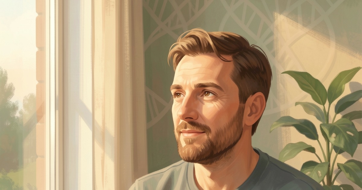 Painterly illustration of a bearded man in his forties in a gray sweater gazing out a sunlit window, with a faint DNA double-helix pattern on the green wall and a houseplant beside him.