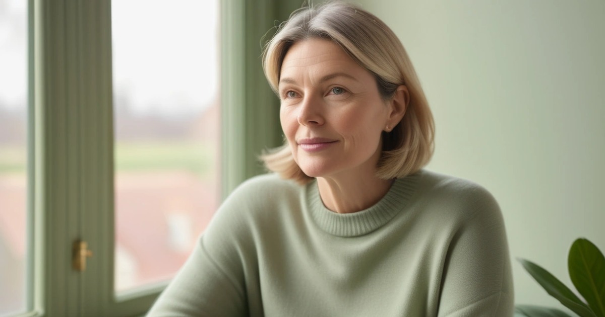 Calm middle-aged woman with fair skin and a shoulder-length blonde bob, wearing a sage green sweater, sitting by a window and gazing thoughtfully to the side