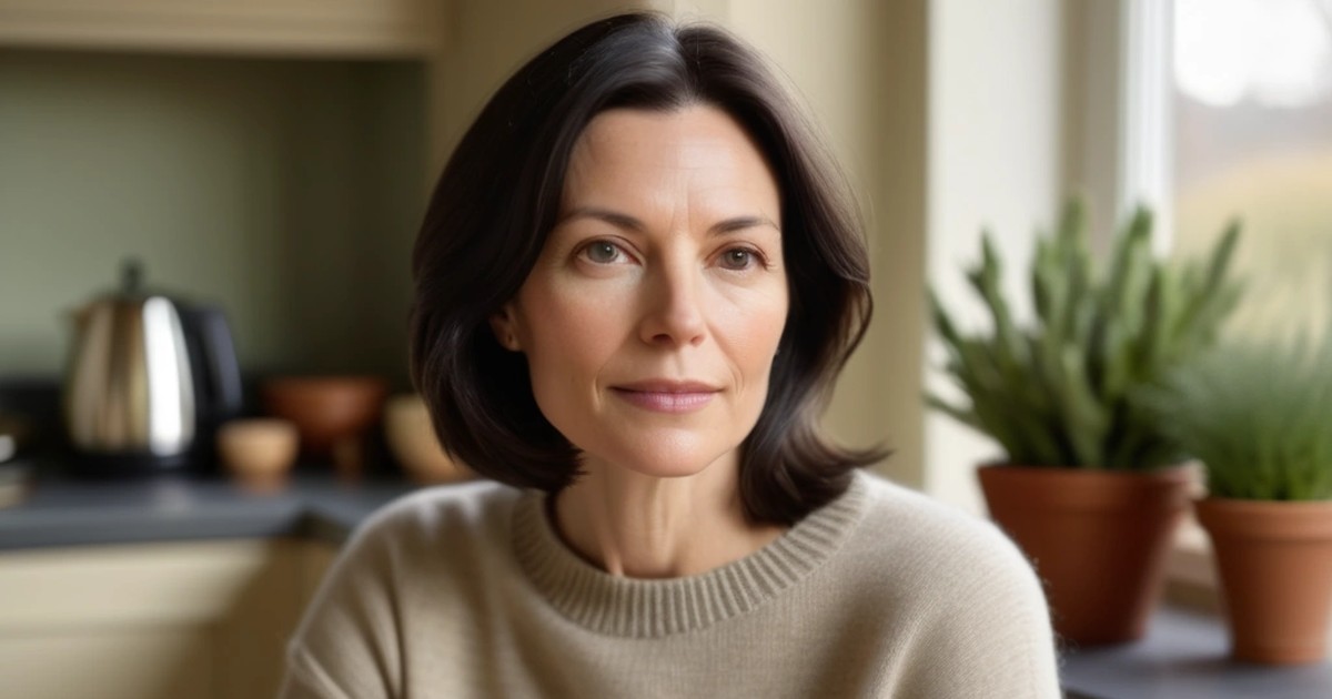 A calm middle-aged woman with shoulder-length dark hair and a beige knit sweater in a softly lit kitchen, with potted green plants on a windowsill behind her.