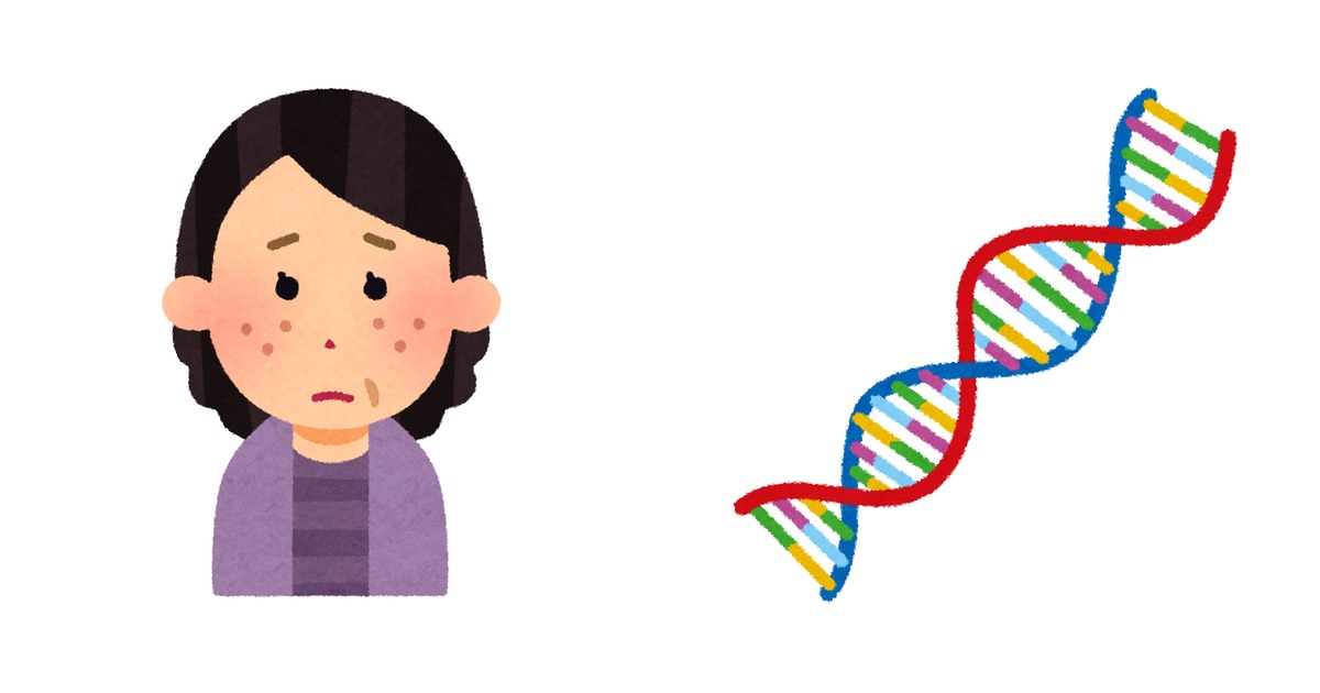 ニキビに悩む中年女性とDNAのらせんのイラスト