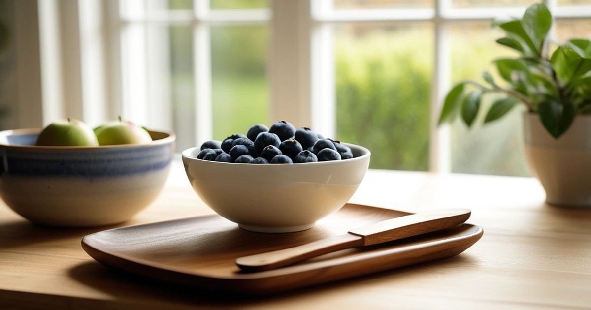 A bowl of fresh blueberries on a wooden tray beside green apples and a houseplant by a bright window