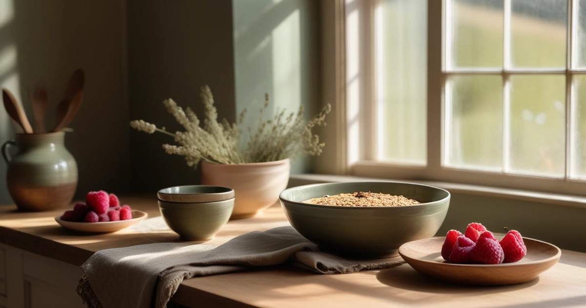 Sunlit kitchen counter by a window with a bowl of whole grains, raspberries on small plates, stacked ceramic bowls and a linen napkin