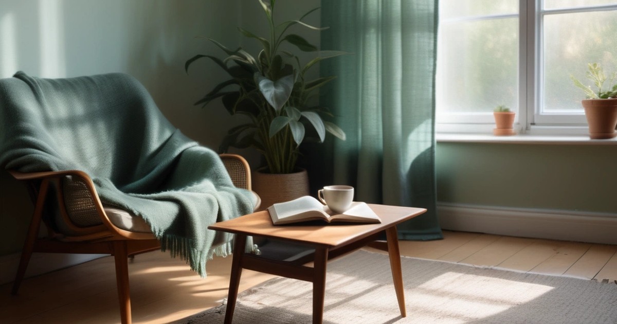 Sunlit living-room corner with a green blanket on an armchair, a cup and an open book