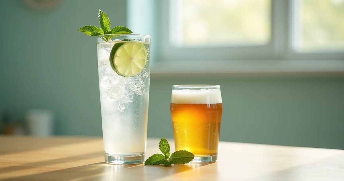Sparkling water with lime and mint beside a small glass of beer on a sunlit wooden table