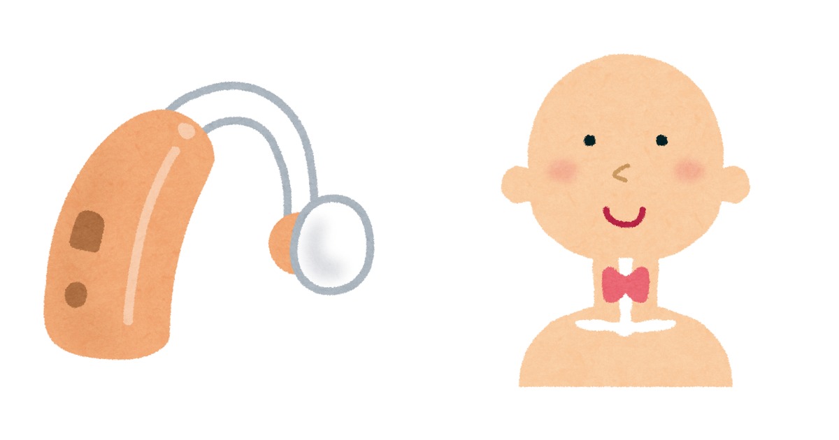耳掛け型補聴器のイラストと、首の甲状腺の位置を示した人体イラスト