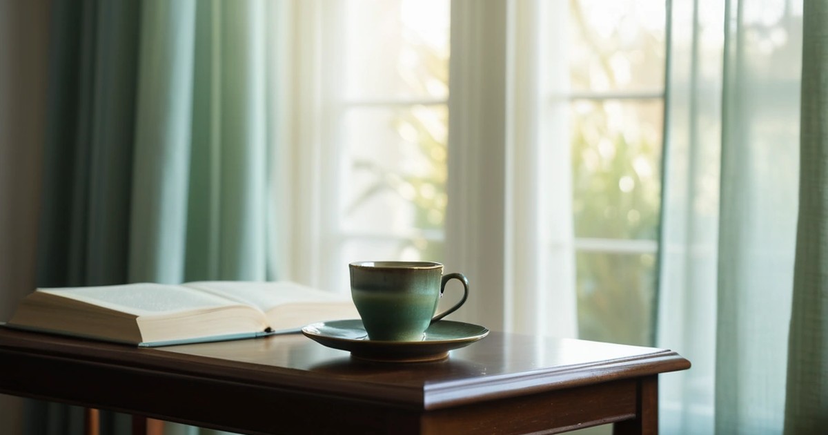 A teacup on a saucer and an open book on a wooden side table by a sunlit window with sage-green curtains