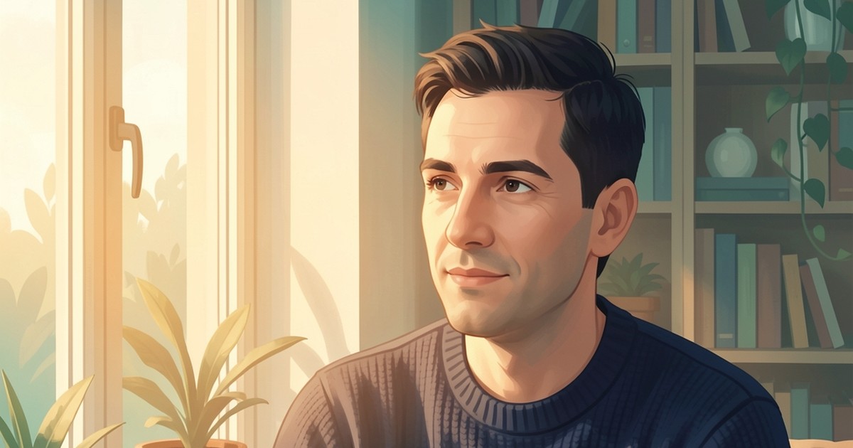 A thoughtful man in a navy sweater sits by a sunlit window in a calm living room with bookshelves.