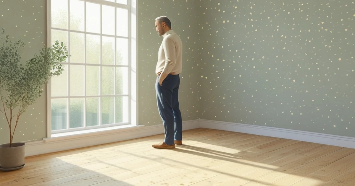 A calm middle-aged man stands with his hands in his pockets by a sunlit window in a quiet room.